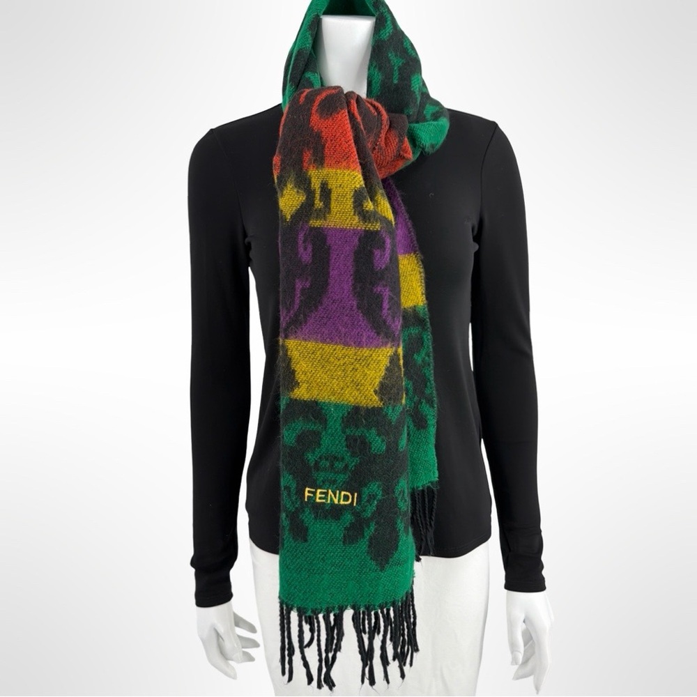 Vintage Fendi 18”x70” Long Scarf in Green, Purple, and Yellow